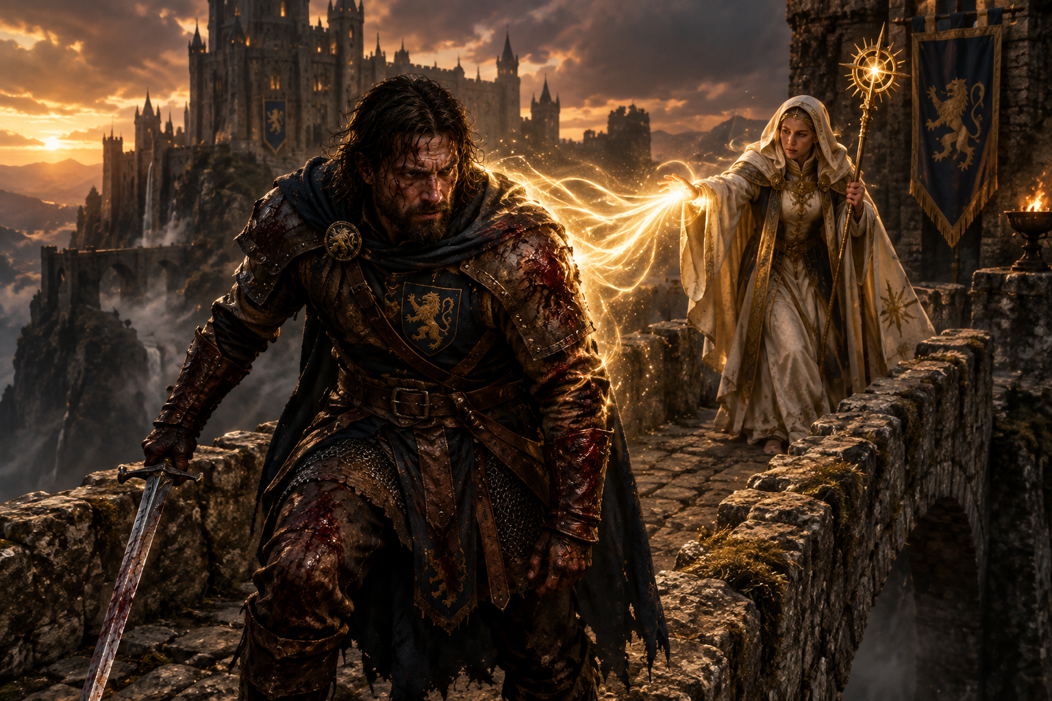 A battered warrior standing on a narrow stone bridge, blood on their armor, gripping their weapon as a cleric's golden light flows toward them, dark medieval fantasy illustration