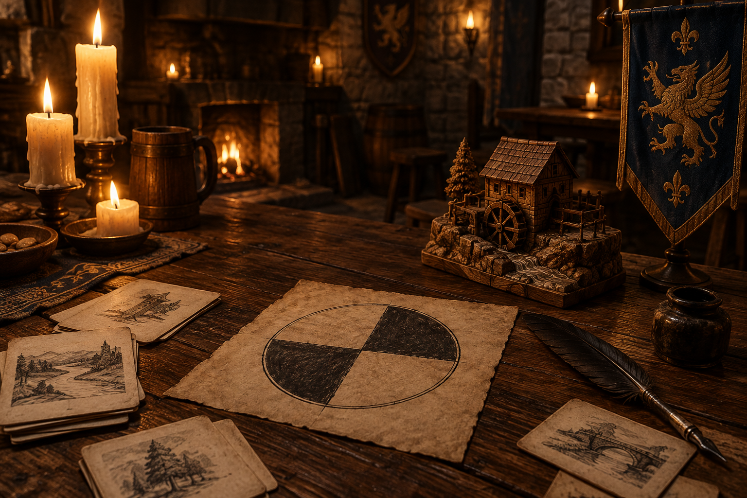 A game master's table lit by warm amber candlelight, with a hand-drawn circular countdown clock, index cards, and a small wooden miniature of a river town mill.