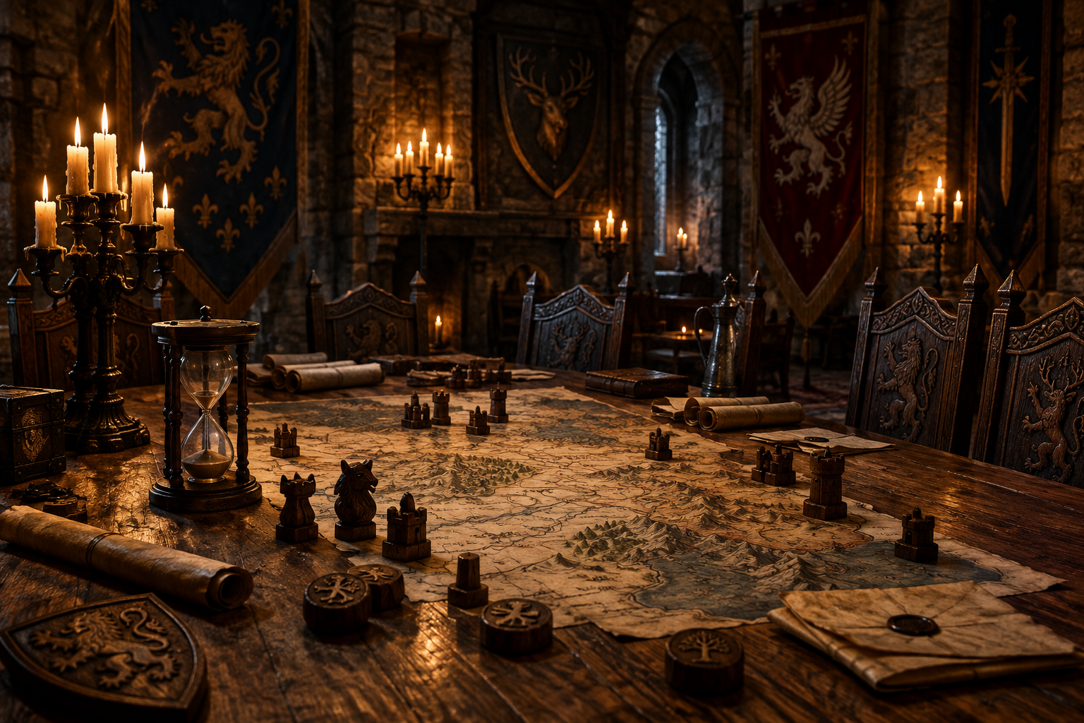 A candlelit tavern table in a dark medieval-fantasy setting, strewn with maps, small tokens, and parchment notes under warm amber light.