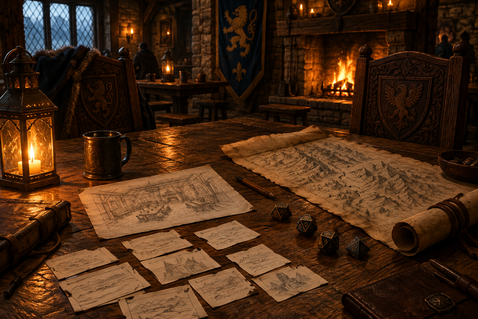 A game master's table lit by amber lantern light, with index cards, a hand-sketched room map, and a map of a mountain pass spread among dice and candles.