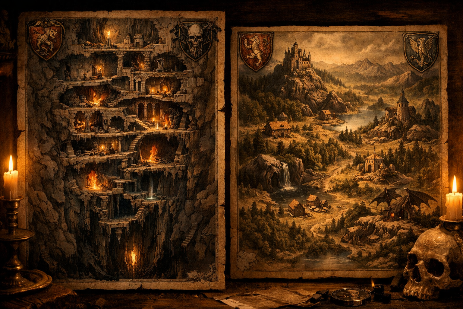 Two campaign maps side by side, one showing a vertical megadungeon cross-section with interconnected levels descending into darkness, the other showing a horizontal wilderness with scattered adventure sites, dark cinematic medieval-fantasy illustration with warm amber light and refined heraldic detail