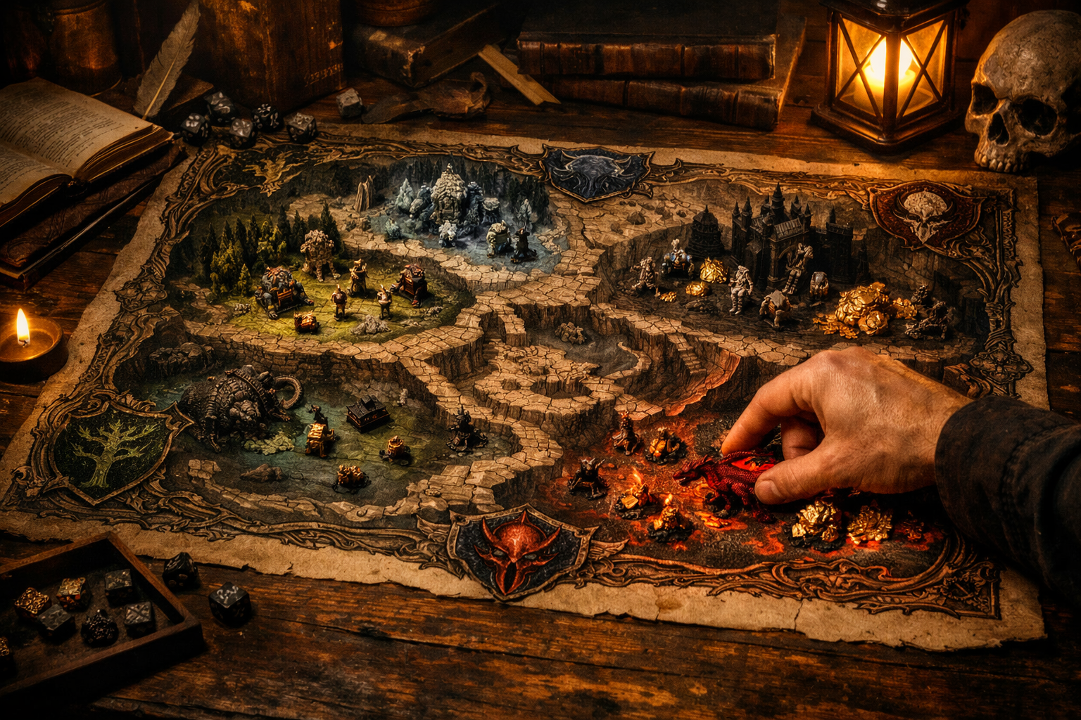 A Game Master's hand placing miniature figures and treasure tokens across a sprawling dungeon map divided into themed zones, warm amber light from a lantern illuminating the detailed cartography and handwritten notes