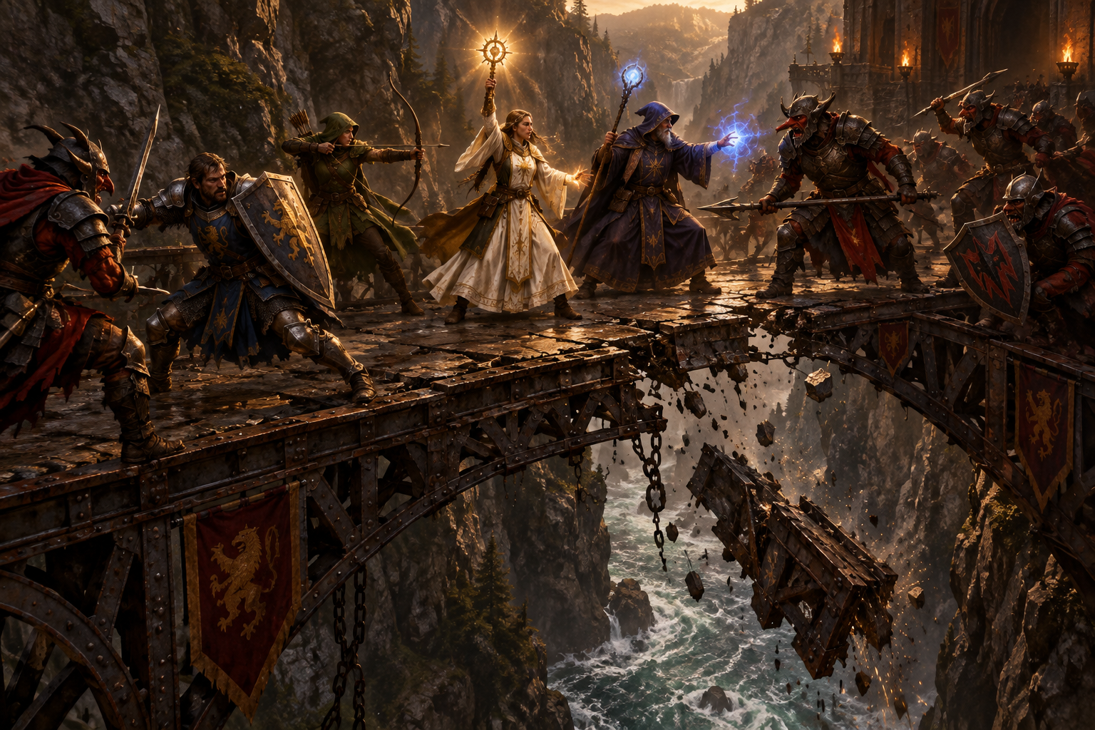 Four adventurers fight armored hobgoblins on a cracked iron bridge high above a river chasm as one section breaks away, dark cinematic fantasy illustration in warm amber light