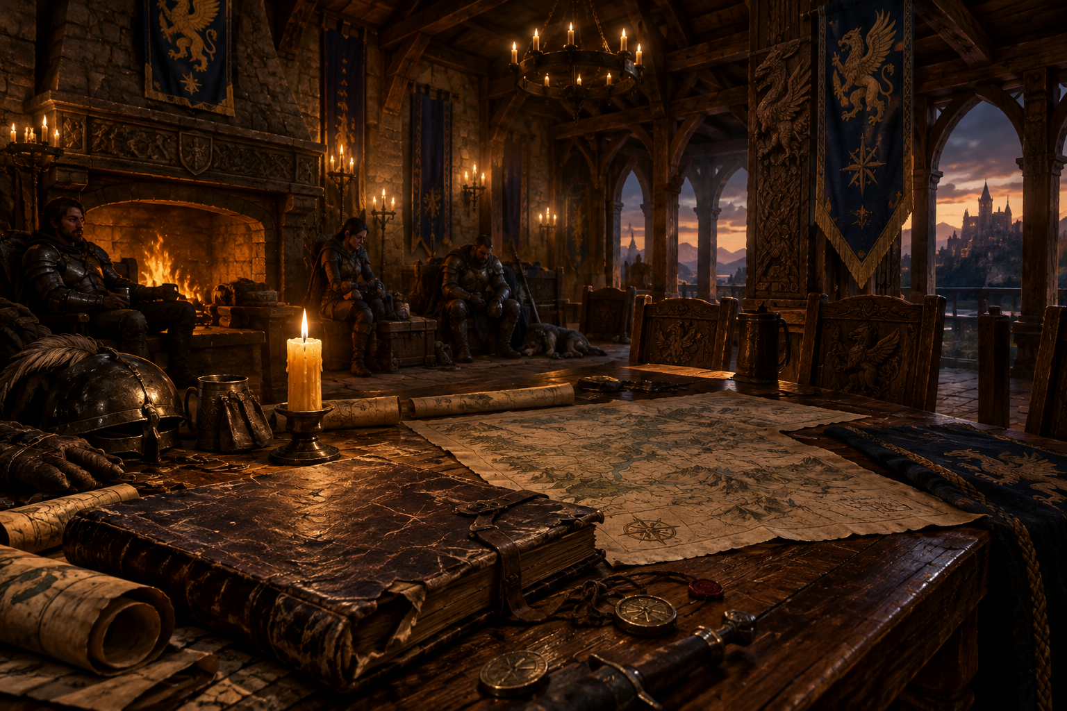 A quiet medieval guildhall at dusk, with maps, a damaged ledger, and a lit candle on a long oak table while armored travelers rest nearby.