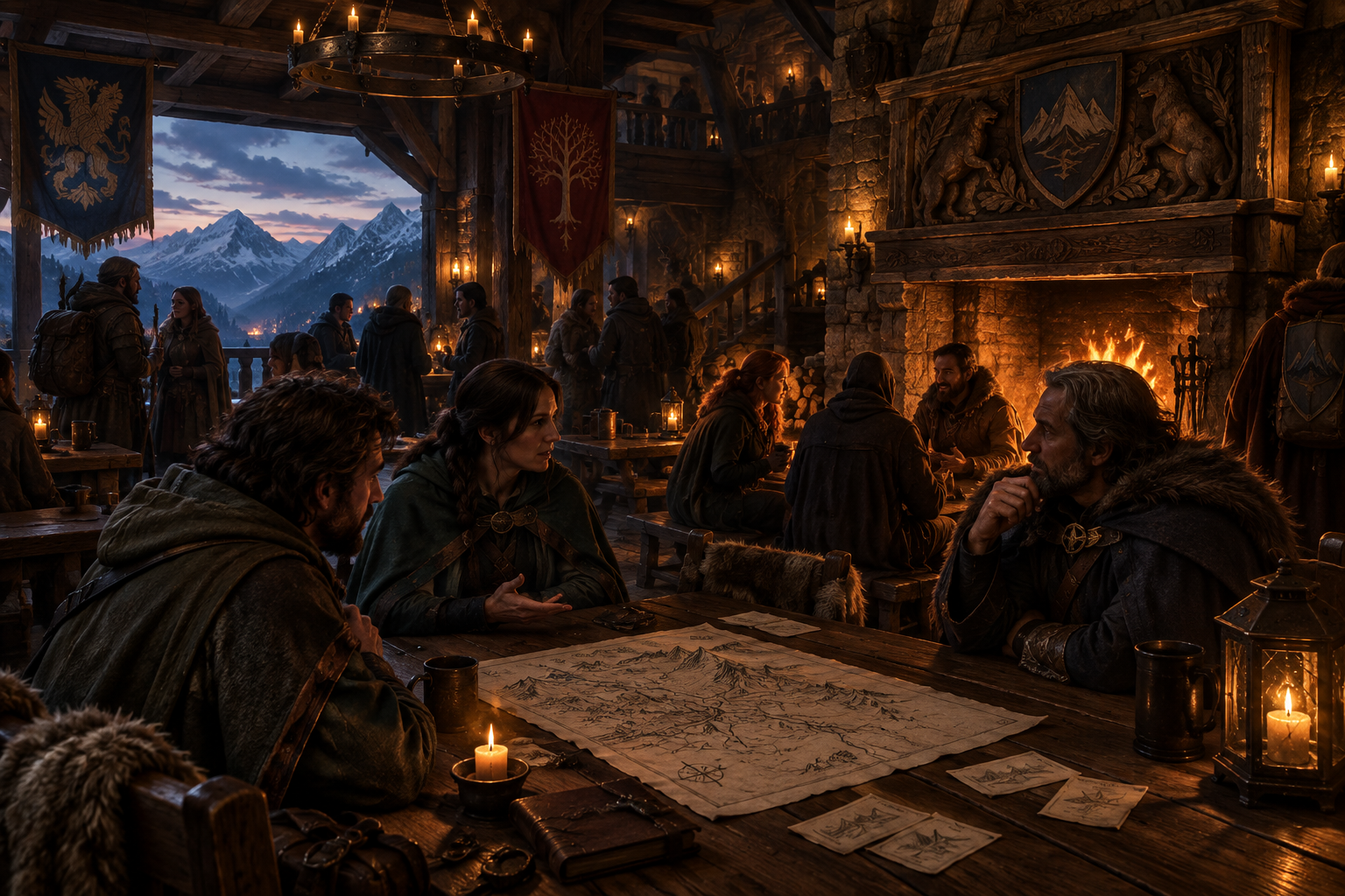 A candlelit waystation common room with a hearth, a sketched map on a wooden table, and travelers gathered in warm amber light.