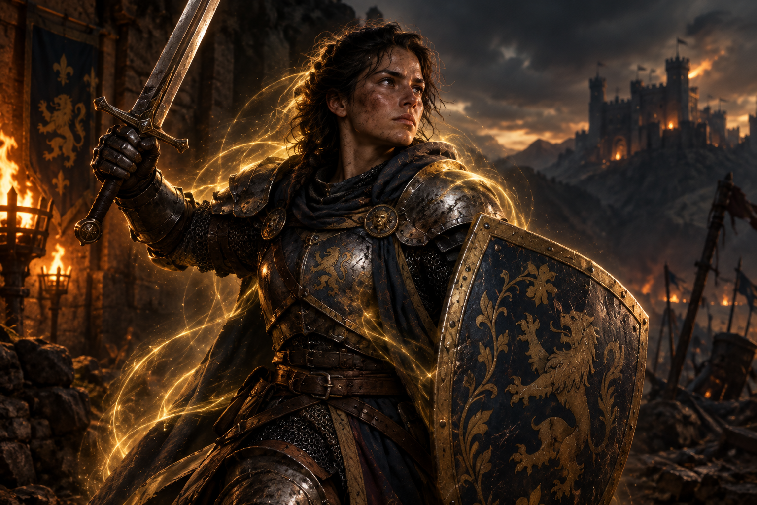A bloodied warrior standing defiantly with sword raised, surrounded by faint glowing energy representing stamina and resolve rather than visible wounds, dark cinematic fantasy lighting