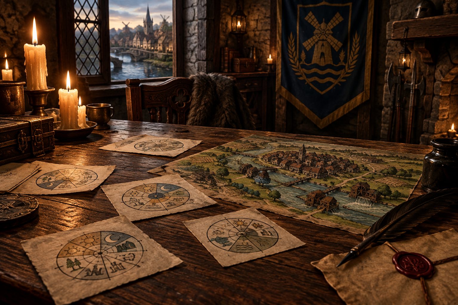 A game master's table in warm amber candlelight holding index cards, a hand-drawn circular clock, and a miniature river town
