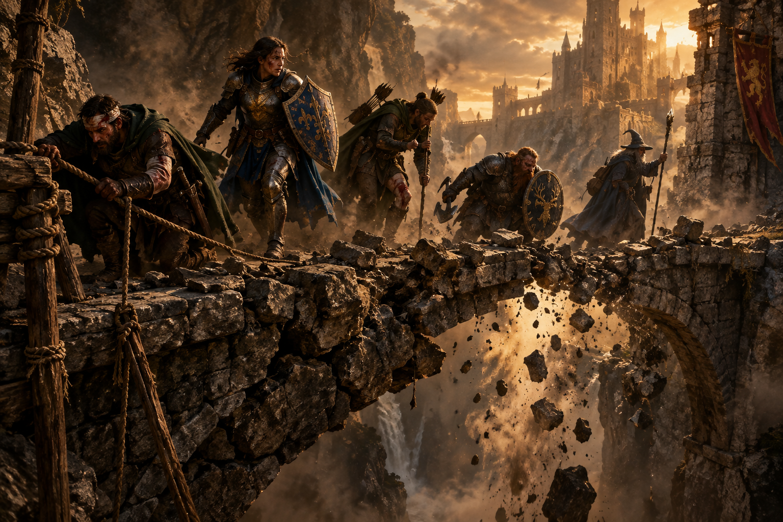A dark cinematic medieval-fantasy illustration showing a crumbling stone bridge spanning a chasm, warm amber light filtering through rising dust, adventurers in various states of injury navigating the collapse, refined heraldic detail, realistic environments, 3:2 landscape composition, no text, no logos, no lettering