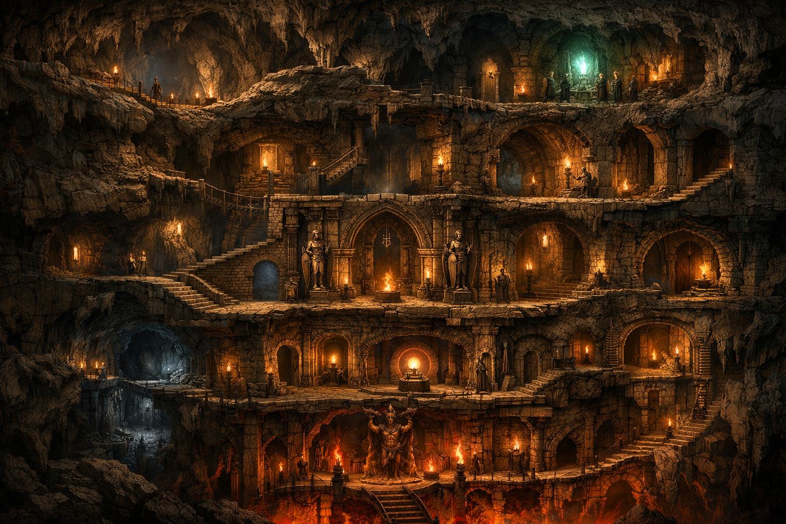A dark cinematic cross-section view of a massive underground megadungeon showing five distinct vertical levels connected by stairs and shafts, warm amber light illuminating different architectural zones from rough-hewn caves to worked stone halls, refined heraldic detail, realistic medieval-fantasy environments, no text, no logos, no lettering