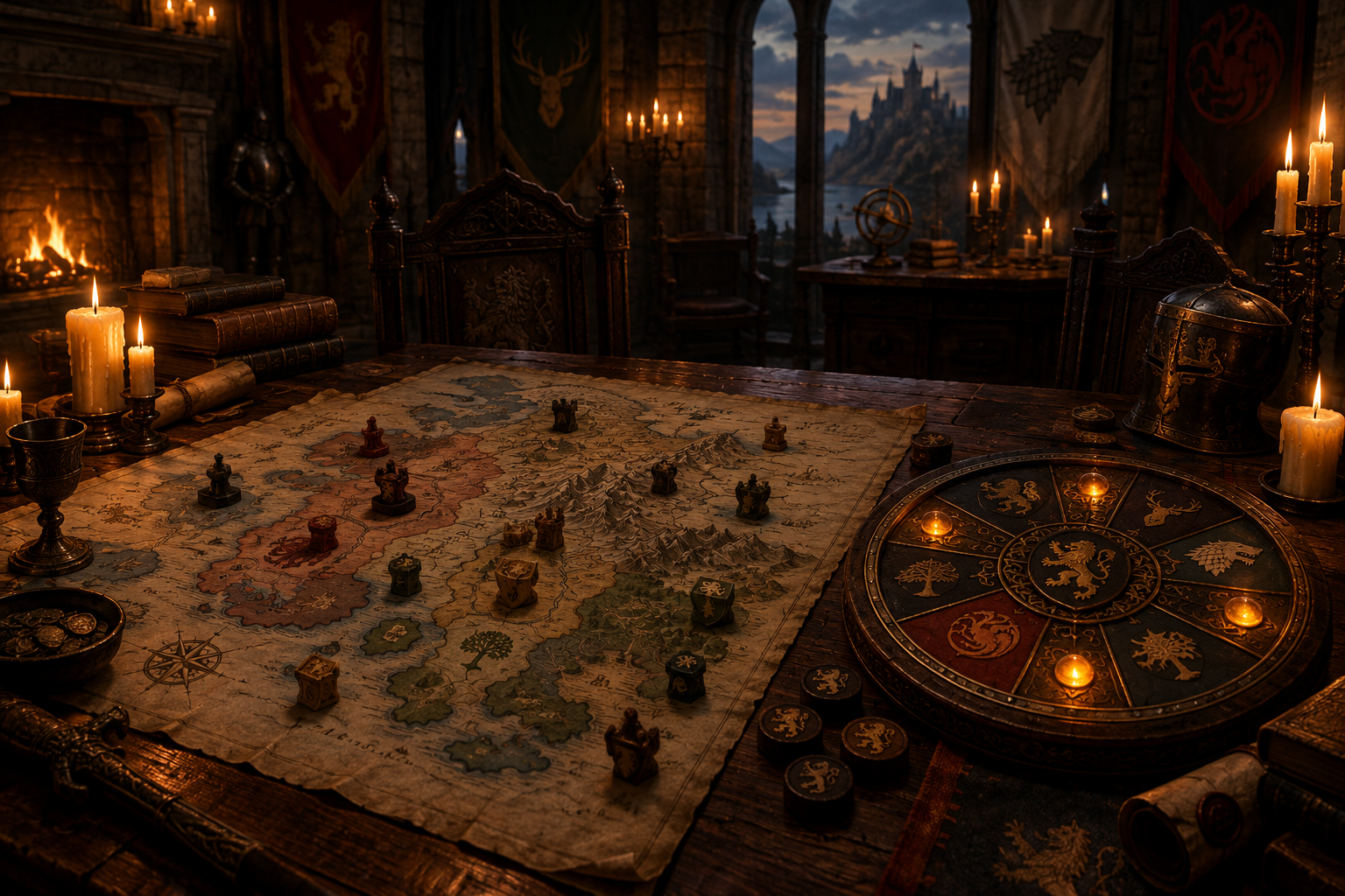 A candlelit war table in a stone hall with carved wooden tokens and a segmented countdown dial set beside a hand-drawn regional map.