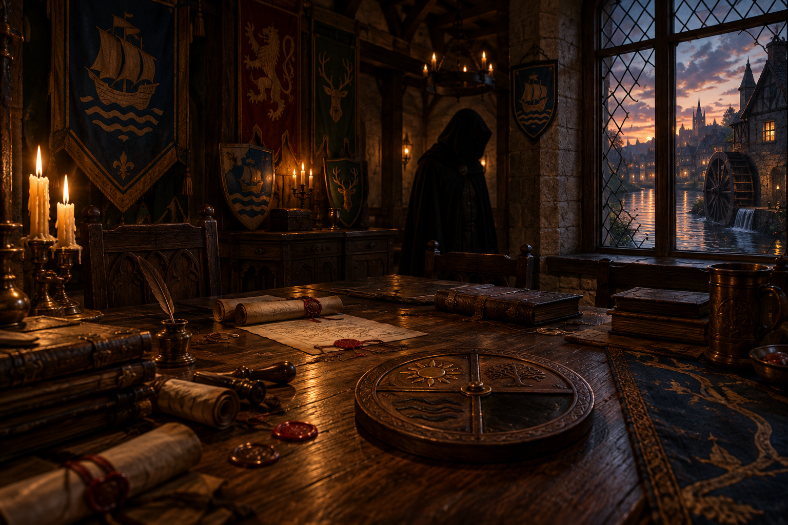 A candlelit war table in a river-town guildhall, with ledgers, wax seals, and a segmented clock carved in wood, rendered in dark medieval-fantasy style.